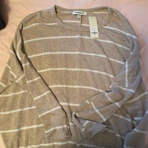 Francesca's Collections Beige and White Striped Crewneck Sweater